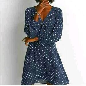 American Eagle blue and white polkadot flared long sleeve dress